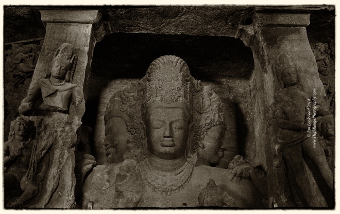 Mahesh Murti in Elephanta. Taken at ground level with a Canon G11 and edited with Photoshop Plugins from Nik Software.