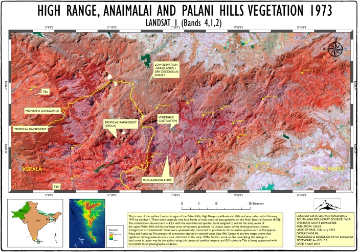 1973 Landsat map of the high Range, Anaimalai and Palnis Hills.