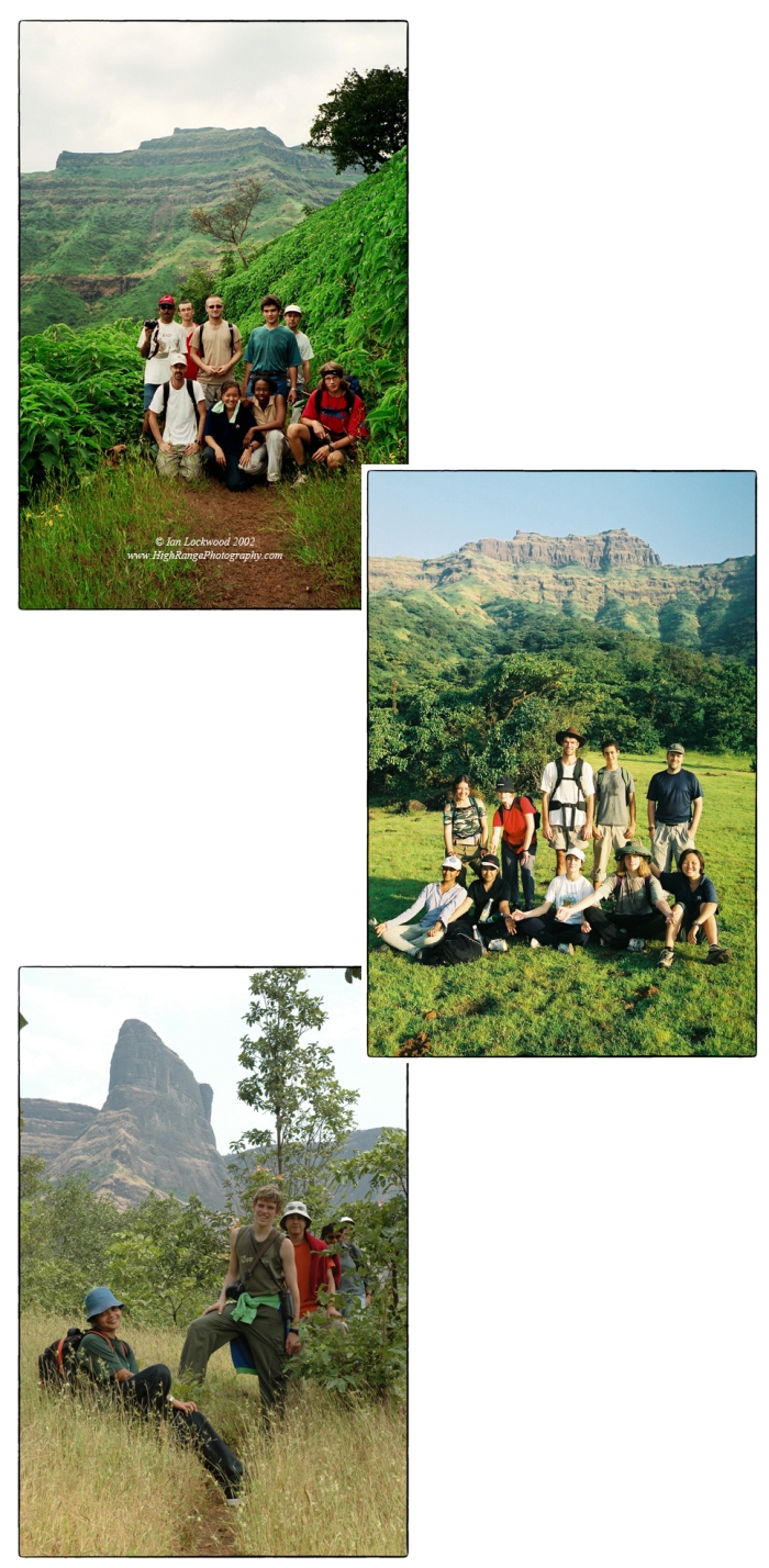 Three different MUWCI hikes starting in Torna (top) in 2002 and continuing to Rajgad (2003) and Nane Ghat (2004). There are several distinguished faculty members seen here including Harendra Shukla, Karl Mossfeldt, Sandy Hartwiger, Anne Hardy and Beatrice Perez Santos . Students include Nicolas, Fong, Andree and several other wonderful hiking companions.