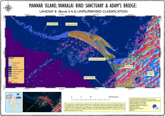 Landa nd surface cover study of Mannar island based on a Landsat image from January 2016. Double click on image for larger A3 version.